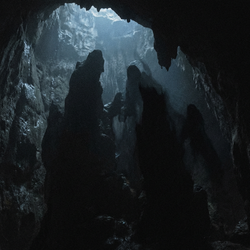 Natural light beams through a ceiling opening into a dark, rocky cave with towering stalagmites.